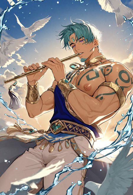1boy, male focus, muscular, huge pectorals, puffy nipples, purple eyes, aqua hair, short hair, goatee, facial tattoo, forehead jewel, neck ring, gold necklace, single bare shoulder, blue vest, ornate gold armlet, sapphire gem, chest tattoo, multicolored tribal tattoo, white waist cape, gold trim, sash, tassel, holding flute, playing flute, ornate gold bracer, parted lips,
BREAK
(swirling water, floating water, splashing, hydrokinesis), refraction, orange blue sky, cloud, bird, dove, wind, sunrise,
BREAK
cinematic, dynamic pose, dynamic angle, dynamic lighting, film grain, subsurface scattering, depth of field, light particles, backlighting, chromatic abberation, bloom, lens flare, very awa, masterpiece, best quality, absurdres, newest, perfect quality, detailed background, intricate details, (eriimyon:0.7), (xuedaixun:0.8), (koujisako:0.7)