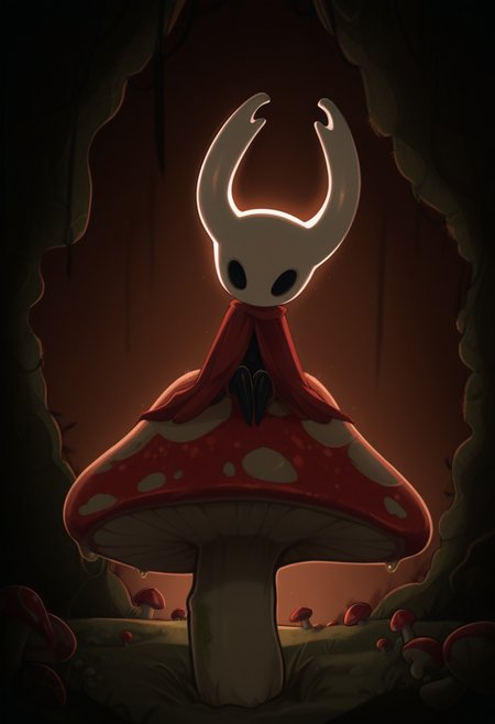 tozierstyle, masterpiece,  best quality, solo,  hollow knight, white horns, black body, red attire, perched upon a mushroom,  victorian background, backlighting, fungal caves, spores, moss, mushrooms