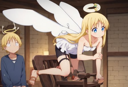 crimvael \(interspecies reviewers\),, blue eyes,blonde hair,long hair,angel,halo,wings,white dress,strapless,bare shoulders,bike shorts,sandals , thighhighs, indoors , sitting on chair,  score_9, score_8_up, score_7_up, ,source_anime, best quality, masterpiece,   , full body view ,   garter straps, collarbone ,  1girl , solo , girl focus ,