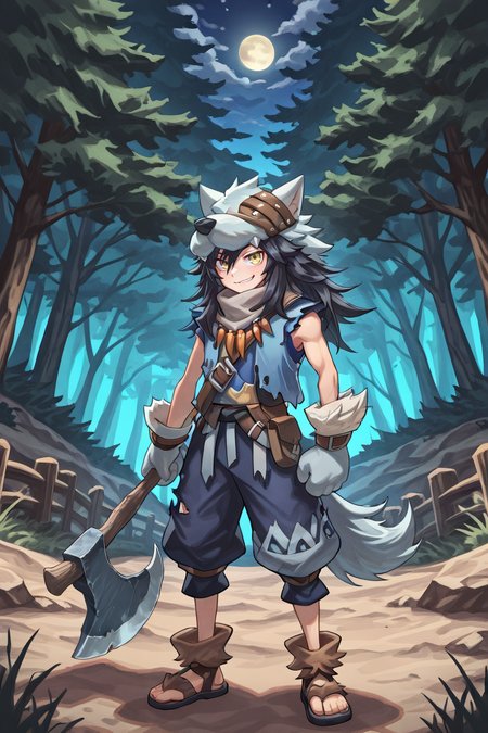 <lora:FlunkyIL:0.8> , fludef, 1boy, black hair, long hair, yellow eyes, wolf hat, wolf hood, wolf pelt, wolf tail, grey scarf, bandana around neck, necklace, tooth necklace, fur trim, blue vest, torn clothes, paw gloves, sandals, full body, wasteland, forest, bridge, mountains, exterior, night, smile,  looking at viewer, holding axe, large axe, smirk, (solo), masterpiece, very aesthetic, absurdres, best quality, amazing quality, high resolution, detailed background,  <lora:illustrious_quality_modifiers_masterpieces_v1:0.8> , <lora:ChamIllustriousBackgroundEnhancer:0.5>
