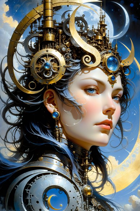 fantastic futuristic steam punk made of shiny brass towers, floating_swirls_made_of_steam, blue sky, silver moons, dramatic color palette, <lora:add-detail-xl:2> misc   <lora:DonMW15pXL:0.5> DonMW15pXL, the head of a woman by aaron horkey <lora:John Berkey Style:0.6> John Berkey Style page <lora:d\EnvyFantasticXL01:1>, (masterpiece:1.2), best quality, (hyperdetailed, highest detailed:1.2), high resolution textures, <lora:EnvyBetterHiresFixXL01:1>