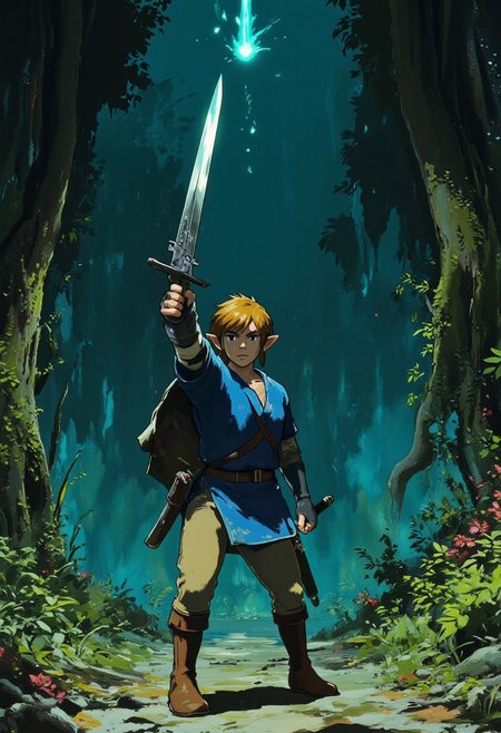 Vector art, uhd, 8k, 4k, epic, dramatic, Jujutsu kaisen manga, 4k quality, (Perfect hand:1.4), anime, (masterpiece), (detailed face), detailed,
Rendered in a style redolent of Impressionism, the painting utilizes a vibrant.
(Full body:1.4) digital artwork of Link wearing a blue tunic, tan pants, and brown boots. (He is holding the master sword in two hands with the blade pointed upwards in a low stance, ready to defend attacks with his sharp blade). (a metallic shine coming from the tip of the blade). He has a determined expression, ready to fight all enemies.  
The background is a dark forest. The overall mood is ethereal and ghostly. Unknown spirits haunt the forest.