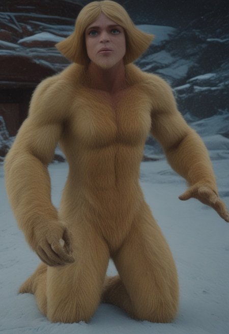 @brtlmss1, tall, muscular, thick limbs, large (kala:0.3) source_cartoon, cartoon_source, dark skin, yeti, bigsquatch, clover \(totally spies\), blonde hair, short hair, blue eye, on a mountain, blonde fur, female bigfoot, sasquatch, looking at viewer, breasts, sad gaze, detailed face, hairy body, detailed eyes, (detailed hands), detailed fingers, Shallow Depth of Field, hairy, FURRY BODY, yeti, (abominable snowman),  very big feet,  beard, covered in yellow fur,