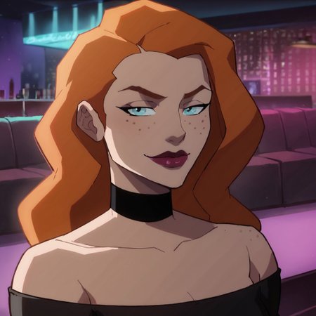 score_9, score_8_up, score_7_up, 1girl, solo, lipstick, orange hair, long hair, freckles, blue eyes, collarbone, black dress, choker, Knockout (dc), looking at viewer, nightclub, closed mouth, smug