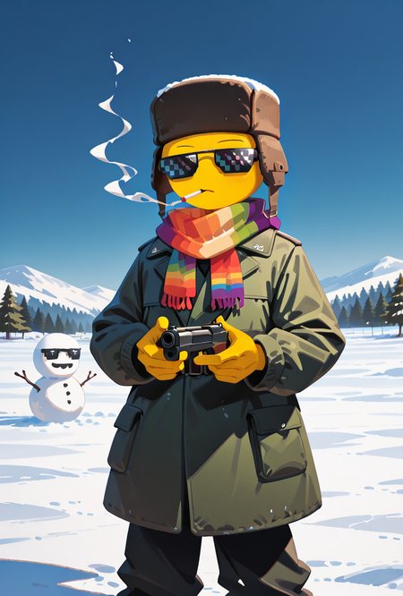 <lora:xmattar-10:1> xmattar, , , solo,, pixel sunglasses, 1boy,russian cold war winter uniform, , yellow skin, circular head,, cigarette, smoking,    <lora:t4kar4i_shunsuk3:1> t4kar4i_illu, no_outlines, no lineart, burried in the snow, snowman in the background, holding ak-47 with both hands, aiming, ,black cold war russian coat, rainbow scarf, black russian ushanka,, masterpiece, best quality, amazing quality, very aesthetic, absurdres, newest,