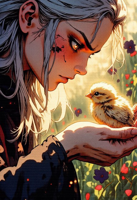 A haunting close-up of a pale vampiress, her ethereal face illuminated by the warm beige light of dusk, framed by wild strands of flowing silver hair that drift like smoke through the golden air. Her glowing gray-blue eyes, filled with ancient sorrow and unspoken hunger, fixate intently on the tiny creature in her hand — a fluffy, golden chick, cradled gently in her pale fingers, held just inches from her parted lips.
The contrast is striking: the chick chirps softly, warm and alive, a ball of innocence and fragility, while the vampiress — timeless, elegant, and deadly — stares at it with unreadable intent. Her fang teeth glint faintly between her lips, sharp and ivory white, but she does not move to bite. Her expression is not predatory, but reverent — as if holding something sacred and impossibly rare.
The background is a lush green meadow, blurred with depth of field, peppered with enormous dark blossoms in shades of deep plum, black, and burgundy, swaying gently in the wind like silent witnesses. A few petals have drifted into the frame, their velvet textures brushing against her bare wrist and tangled in her hair.
The chick's soft yellow feathers shimmer subtly in the light, contrasting with the vampiress’ nearly translucent skin. Her black silk garment, barely visible at the edge of the frame, flutters like a shadow tethered to her presence, its tattered sleeve curling near the chick like a protective shroud.