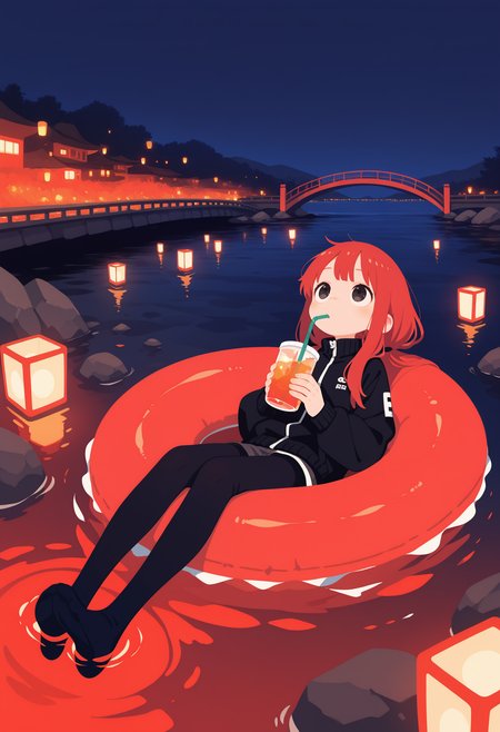 masterpiece,best quality,amazing quality, 1girl, solo, long hair, holding, sitting, jacket, pantyhose, outdoors, red hair, sky, pants, water, black eyes, black jacket, cup, torn clothes, night, looking up, holding cup, building, night sky, floating, swim ring, innertube, drinking straw, rock, lantern, drink, drinking, wide shot, red theme, bridge, river, paper lantern, afloat, holding drink, drinking straw in mouth, sky lantern, haiz_ai, no lineart,no outline, <lora:ponyv6_noobE11_2_adamW-000017:0.3> <lora:MeMaXL4:0.8> <lora:veluflora-wai:0.4> <lora:haiz_ai_illu:0.7>