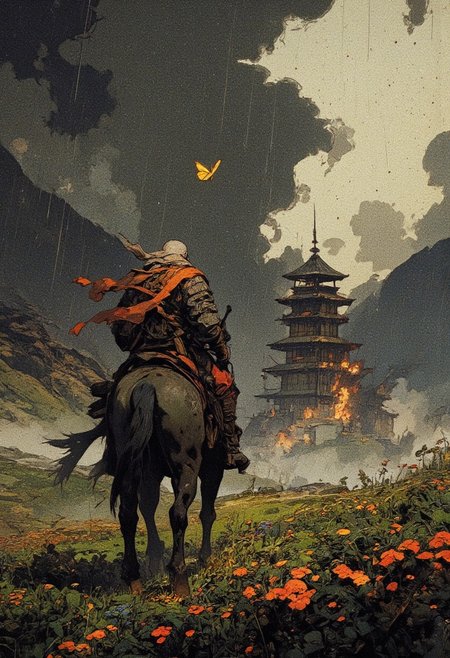 A dramatic digital painting of a lone warrior riding a horse through a stormy landscape. The warrior, clad in traditional samurai attire with a flowing scarf, is moving towards a burning pagoda in the distance, engulfed in flames. The setting is an overgrown meadow with wildflowers bending under the wind and rain. The sky is dark and ominous, with heavy storm clouds and streaks of rain falling diagonally, adding motion and intensity to the scene. A single golden butterfly floats near the warrior, symbolizing hope amidst chaos. The background features mist-covered mountains, partially obscured by the storm, creating a cinematic depth. The color palette consists of deep grays and greens, contrasted by the fiery orange of the burning structure. The painting has a semi-realistic, painterly style with strong atmospheric elements, evoking a sense of solitude, urgency, and destiny.
,  anime, cyberpunk