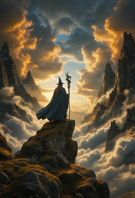 A wise wizard in a billowing slate-grey cloak and pointed hat, stands atop a jagged moss-covered rock precipice, a twisted gnarled staff in hand, with his back to the viewer, gazing into a luminous cloud-filled sky in warm hues of gold amber and soft blue, surrounded by the dark brooding silhouettes of craggy peaks, sense of serene yet powerful solitude, <lora:MJ52:0.3>, <lora:CinematicStyle_v1:0.5>, <lora:add-detail-xl:1>, <lora:volumetric lighting:0.5>