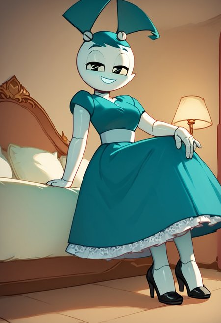 (Masterpiece, best quality:1.2), score_9, score_8_up, flat color, flat shading, soft shading, lighting, Jenny Wakeman as an adult, in a 1950's full length formal blue skirt, a white belt, button down v-neck formal black top, a fluffy frilly ruffled full white petticoat, and black high heels, dress, layered petticoat, frilly petticoat, fluffy petticoat, full petticoat, detailed petticoat ((wide skirt, detailed outfit, flowing skirt, long skirt, solid blue colored skirt, black high heels)), blue hair, series accurate, cute, best high quality, high res, robot, humanoid robot, medium breasts, whole body shot, 1girl, ((solo, inside, in a romantic bedroom, sitting on the bed, sitting, bent knees, looking at you, low angle)), cute, seductive, seductive smile, half lidded eyes, low angle shot, cartoon, cartoon style, vector, solo, circle dress, 1950s, whisperfoot_style, dance dress jenny, jenny wakeman, 1girl, solo, robot joints, black eyes, white skin, ponytail, hair bow, blue rose chest corsage, poofy dress, blue hair, flat lighting