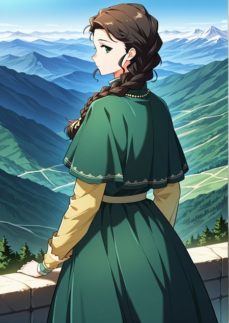 <lora:Silluria_Namaran__The_Greatest_Estate_Designer__Illustrious:1>
1 girl, solo, green eyes, brown hair, black hair, long hair, braid, single braid, braided ponytail, hair over shoulder
green dress, long sleeves, capelet, layered sleeves, short over long sleeves, necklace, jewelry, <lora:DetailedEyes_V3:1>
score_9, score_8_up, score_7_up, source anime, BREAK,  cowboy shot, (from side), looking back, looking at viewer, overlooking mountain, high altitude, scenery, exterior, background, (solo), perfect hands