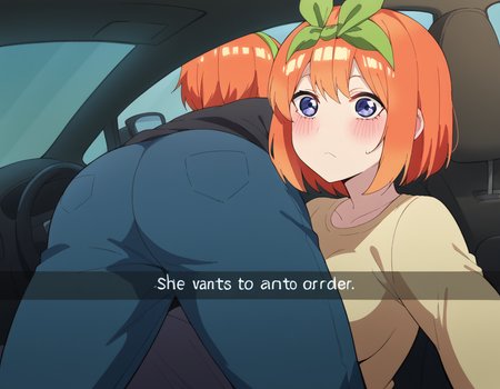 score_9, score_8_up, score_7_up, source_anime, <lora:yotsuba-nakano-s2-ponyxl-lora-nochekaiser:1>, yotsuba nakano, bangs, short hair, hair ribbon, hairband, orange hair, green ribbon, large breasts,, <lora:he-wants-to-order-ponyxl-lora-nochekaiser:1> he wants to order, he wants to order (meme), drive-thru, snapchat, side-view mirror, car interior, car seat, steering wheel, car interior, three quarter view, lying on person, selfie, 1boy, ass, pants,, blush,,