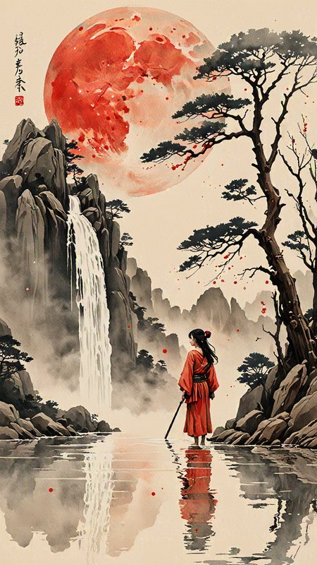 Watercolour paint effect, on partchment, Red moon, waterfall, japanese writing, ripples, sky, trees, reflection, mist, woman, <lora:Paint_Effects_SDXL_-_By_DICE:1>, Watercolour Paint Effect