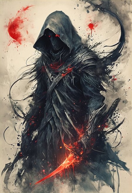 atmospheric scene, a dark hooded figure wearing a tattered cloak, armor can be glimpsed under cloak, (gripping a long ominous scythe with hand:1.5), The Hood obscures the face completely, evil red eyes glowing like fire within the hooded void, predominantly black and white with red, shades of gray adding depth and texture, The background is abstract, filled with wisps of shadows and splatters of ink, gusts of divine wind swirl around in faint shades of blue, mystery and foreboding that surrounds the figure. (The scythe though dark glows brightly), deadly sharpness, Niji, aidma-niji, ral-dissolve, (ink-style, ink_wash_painting),