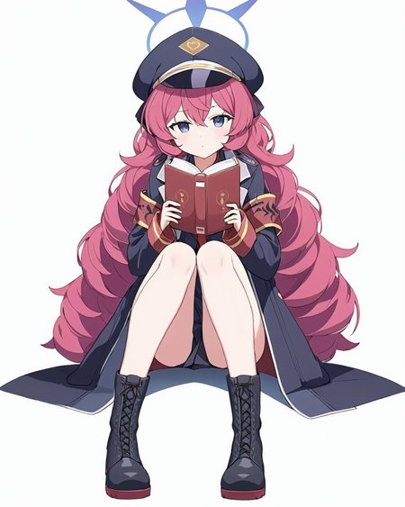 iroha \(blue archive\),1girl, solo, halo, simple_background, white_background, armband, boots, holding_book, hugging_own_legs, looking_at_viewer, peaked_cap, sitting, cross-laced_footwear, long_sleeves, black_headwear, black_footwear, full_body, closed_mouth, ribbon, black_skirt, military_hat, coat, black_jacket, uniform, military, military_jacket
<lora:iroha_(blue_archive)_image1923_2023-11-27-000012:1>halo. gorgeous,key visual, vibrant, studio anime,award-winning, professional, highly detailed,high budget, cinemascope