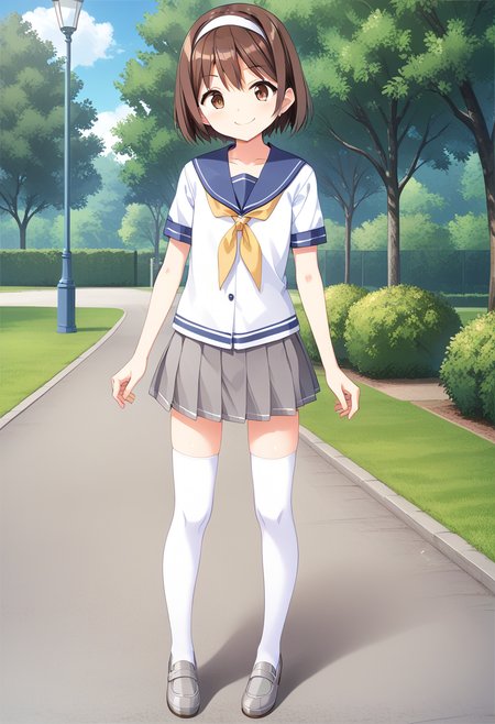 cowboy shot, standing, park, smile, full body, <lora:KC_01DD_tanikaze_pony-000032:1> tanikazekc, brown hair, short hair, white hairband, brown eyes, flat chest,        tanikazedefkc, serafuku, blue sailor collar, white shirt, short sleeves, yellow neckerchief, grey skirt, miniskirt, white thighhighs, grey shoes,, score_9,score_8_up, score_7_up, source_anime, masterpiece, best quality,  official art, official style, game cg, megami magazine, rating_safe, rating_questionable, NEGATIVE_HANDS,  <lora:DetailedPerfect_hands_r1:1>