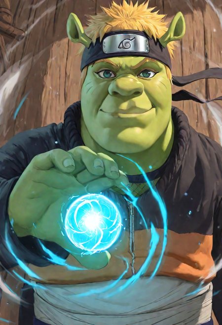 Masterpiece, absurdres, best quality, highly detailed, 1boy, solo, shrek, green skin, blonde hair, naruto uzumaki, shrek ears, naruto headband, rasengan, rasengan,  blue energy ball:0.4 ,rasengan pose, wind effect, ball on hand, looking at viewer, smiling, naruto clothes, detailed background