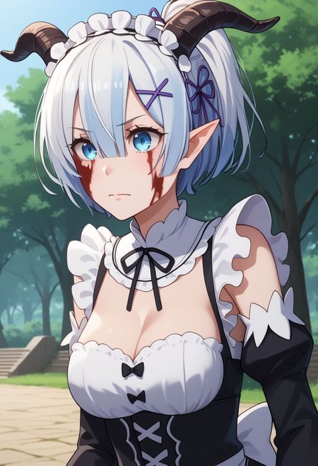 score_9, score_8_up, score_7_up, BREAK  <lora:Miavt-10:1> MiavtSDXL,  1girl, solo,  short hair, blue eyes, hair between eyes, medium breasts, ponytail,  white hair, black horns, pointy ears, goat horns, double pigtail, BREAK close up BREAK dressed like Rem, outdoors, park, from below, stern, roswaal mansion maid uniform, blood on face, cleavage, ribbon, maid, upper body, ((white hair))