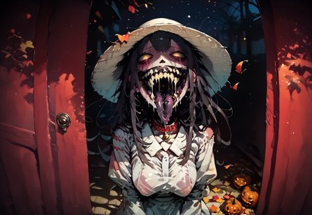 safe_pos, score_9, score_up_8, masterpiece, best quality, explicit, 
hasshaku-sama, mature woman, large woman, tall woman, sagging breast, enormous breast, long hair, black hair, horror (theme), collar bone, bony body, skinny, anorexic, fall season, trees, red yellow and orange leaves, falling leaves, night,  Expressiveh,  
 teeth, tongue, open mouth, horror, blood, (((stiches, scars))), black tongue, very long tongue, black tears, full body, tr1ck0rtr3at, holding, halloween bucket, doorway, street background, white bloodstained dress, white sunhat, covered breasts
