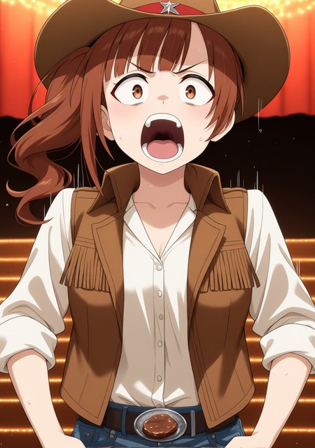masterpiece, best quality, absurdres, perfect lighting,shiny skin,<lora:StS-Illustrious-Detail-Slider-v1.0:3>,<lora:illustrious_noobai_epsilon_pred_1_best_quality_v1:1>,<lora:anime_screencap-IL v-pred:1>, anime screencap, anime coloring,1girl,igarashi kyoko,brown hair, side ponytail,brown eyes, <lora:igarashi_kyoko:1>,cowboy hat, cowboy western,jeans, sleeves rolled up,upper body, looking at viewer,screaming, constricted pupils, wide-eyed, speed lines, motion lines, crazy eyes, hands in pocket,v-shaped eyebrows,stage,tv show,hamburger steak, steak