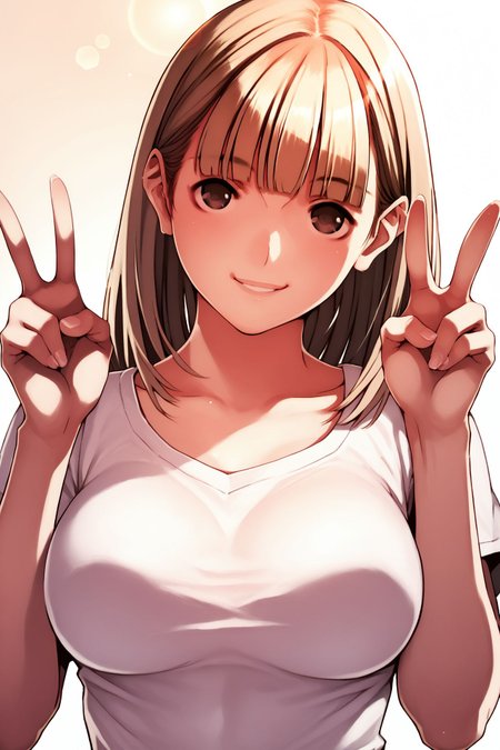 score_9, score_8_up, score_7_up, 1girl, smile, beige hair, short_fringe, dark_brown eyes, large breasts, double_v,  lens flare <lora:mino_tarou_loveplus_PonyXL_style_v01:1>