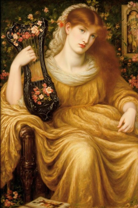 dgr painting.
A young woman with long, flowing auburn hair, dressed in a flowing, golden-yellow and cream-colored robe, reminiscent of ancient Greek or Renaissance attire. She is seated, holding a black, intricately carved harp with her right hand, adorned with delicate, stylized flowers and leaves.
 <lora:dgr1_cap_d6a3e8:1.0><lora:819488225740481146:0>