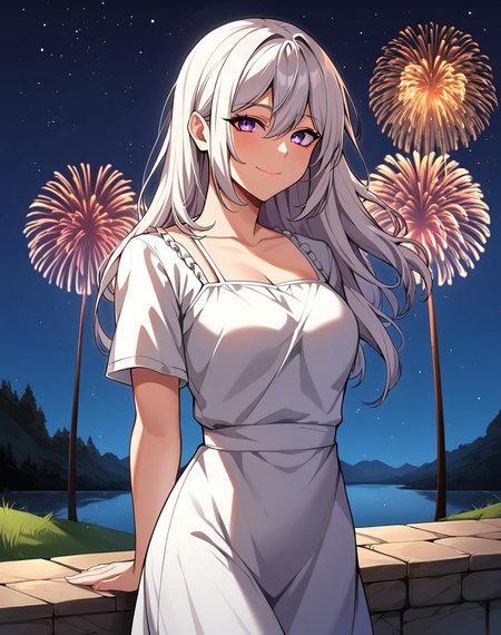 lucy_mayreel, white hair, long hair,  purple eyes, loose hair, manhwa, white dress, short sleeves, elegant dress, BREAK  outdoors, bridge, medieval, night, stars, fireworks, detailed background,  BREAK looking at viewer, sexy face, sexy smile, closed mouth, cowboy shot, arms behind back  BREAK score_9, score_8_up, score_7_up, source_anime ,zPDXL, perfect hand,<lora:Lucy_Mayreel_r1:0.8>