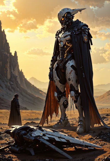 (in Krenz Cushart style:1.4), high-quality, masterpiece, Photo of a cyborg with a cracked mechanical spine, alone on a desolate battlefield, their glowing eyes scanning the horizon, a half-destroyed war drone lies beside them, Style is Sci-fi with war-torn elements, Lighting is Harsh with strong shadows from the setting sun, High contrast, wide-angle shot, cinematic lighting, battle scars, (elaborately detailed attire with extraordinary elements:1.1), (hyperdetailed:1.1), (intricate details:1.0), (Refined details:1.1), (best quality:1.1), (high resolution:1.2)