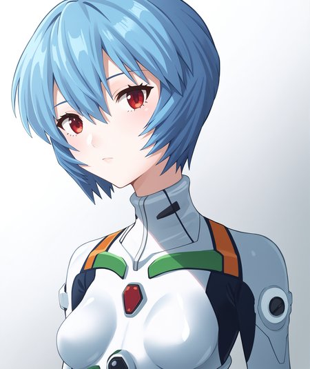 score_9, score_8_up, score_7_up, score_6_up, score_5_up, score_4_up, BREAK, source_anime, best quality, masterpiece, 2d, intricate details, official style, anime, 4k, anime style,
smoothnip, 1girl, solo, <lora:Smooth_Pony:1>,
LatexRei, blue hair, short hair, bangs, red eyes, eyelashes, breasts, small breasts, hair between eyes, expressionless, gloves, bodysuit, turtleneck, pale skin, breasts apart, pilot suit, bracer, plugsuit, white bodysuit, skinny, interface headset, ayanami rei, 
looking at viewer, white background, simple background, gradient background, <lora:add_details_xl:0.4>, <lora:Rei_XL:1>