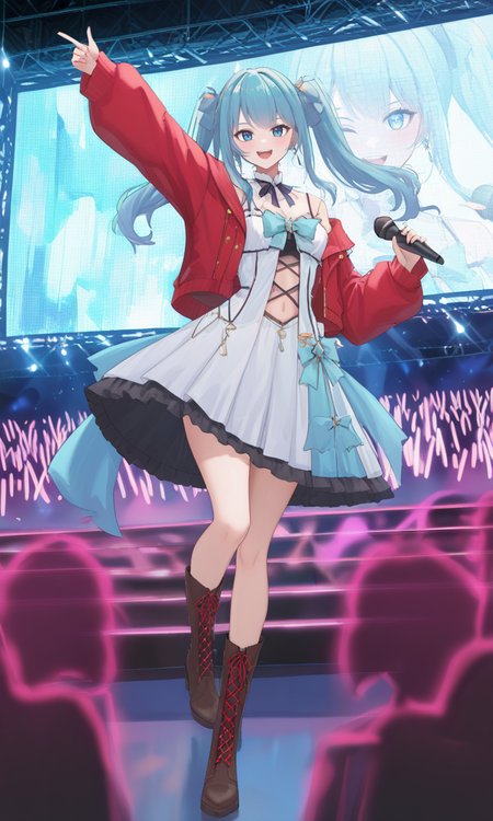 ((masterpiece, best quality, absurdres, highres, newest, very aesthetic, extremely detailed, very awa, year 2024, detailed background, perfect anatomy, surreal)),year 2023,<lora:lora-SEPTYA>,<lora:illustrious_noobai_epsilon_pred_1_masterpieces_v1:0.4>,<lora:UnifiedTheory:0.5>,<lora:Lirusso_Vtuber_1622999:0.8>,liruv1,(24 yo:0.8),24 year old girl,1girl,long hair,bangs,clothing cutout,bare shoulders,navel,twintails,virtual youtuber,blue eyes,frills,earrings,dress,blue bow,white dress,looking at viewer,blue bow,
masterpiece,best quality,8k resolution,anime idol girl,vibrant stage performance,colorful idol outfit with rainbow frilled skirt,red jacket with gold buttons,red lace-up boots,holding microphone,energetic pose,big smile,large LED screen background with her face,glowing lights,cheering crowd,futuristic concert stage,neon signs,high detail,vivid colors,4K,masterpiece,dynamic lighting,anime artstyle,