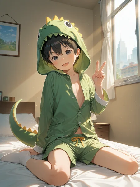 1boy,child,short hair,black hair,hair between eyes,black eyes,green dinosaur hood,open pajamas,shorts,white socks,wariza,arm support,v,looking at viewer,smile,open mouth,from below,bed,window,cityscape,sunlight,cinematic lighting,solo,male focus,IllusP0s,professional,flat color,outline,<lora:aidmaFLuxPro1.1_v0.3_IL:0.2>,<lora:noobaiXLNAIXL_epsilonPred11Version-lora:0.12>,<lora:best_of_ai_styles_noob-vpred-1.0_v1.337-edm2-pass-long:0.3>,<lora:akishottfinalrunner:0.75>,