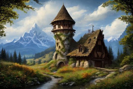 realistic analog photo, award winning photo, 
fantfa, background, mountain, stream, trees, foreground, field, house, farm, witow, a wizard watch tower,
high-quality, crisp, sharp, professional-grade, high-resolution, fine detail, accurate colors, low noise, fast shutter speed, wide dynamic range, precise focus, RAW, highres, 8k, uhd, High Dynamic Range, tonemapping, crisp details,