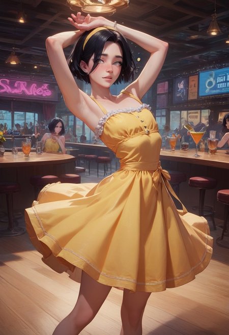 score_9, score_8_up, score_7_up, 1boy, femboy, otoko no ko, short hair, bob cut hair, black hair, grey eyes, gray eyes, feminine face, toned body, Shelly, cute sundress, yellow sundress, frills, bare shoulders, yellow hairband, bare neck, highly detailed, intricate, zzCitronCAT, drunk, dancing, arms up, crowded dance floor, outdoor bar, clear skies, sunny, sun, party,  concept art, realistic
