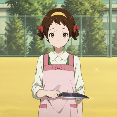 masterpiece, best quality, amazing quality, 1girl, solo, kotenbu_series_lbara_mayaka, brown hair, short hair, brown eyes, holding, holding knife, hairband, twintails, fence, apron, bow, school uniform, short twintails, looking at viewer, <lora:Ibara_Mayaka_-_Kotenbu_Series:0.7>