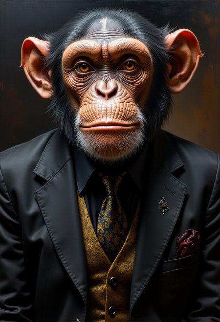 hyper detailed masterful traditional oil painting  closeup portrait of a grizzled old chimp wearing a black suit jacket, dark shadows, visible brushstrokes, atmospheric haze, limited palette, low key, highly dramatic lighting, gritty, grungy