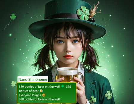 score_9, score_8_up, score_8, medium breasts, (ultra realistic,32k, masterpiece:1.2), (high detailed skin:1.1), (high quality:1.1),  
(upper body, portrait:1),  
ShamrockWorld, clover, four-leaf clover, light particles, solo,  
corset, long sleeves, collared dress, solo, looking at viewer, (top hat), holding, belt, cup, no humans, holding cup, alcohol, mug, green headwear, hat feather, beer, beer mug, clover, four-leaf clover, green cape, green capelet,  
volumetric lighting, mood lighting, low lights, soft light, hazy, intricate details, rating_explicit, (ultra realistic, 32k, masterpiece:1.2), (high detailed skin:1.1), (high quality:1.1), bokeh, luminescent background, zPDXL, ral-cltc, Expressiveh, Nano Shinonome, Black hair, Short twin tails, Large winding key on back, Blue eyes, Fair skin, Red ribbon hair ties, School uniform, White socks, Brown loafers, shinonome nano
