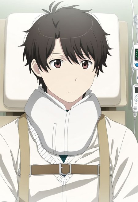 high resolution, solo, best quality, 1Boy, Inaho Kaizuka, Black Hair, Brown Eyes, sick, bandage, helpless, patient, hospital, infusion, OverallDetail
