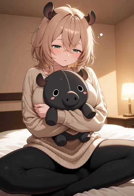 general, masterpiece, best quality, 1girl, solo, BREAK
casual oversized sweater, black leggings, messy hair, holding plush tapir, cozy bedroom setting, warm lighting, dynamic pose, sitting cross-legged on bed, hugging plush, sleepy expression, half-lidded eyes, eye-level shot, tight-medium shot, evening, warm glow from bedside lamp
BREAK
<lora:Nimi Nightmare:1> blonde hair, tapir ears, green eyes, large breasts,
niminightmare,
medium hair, crossed bangs,