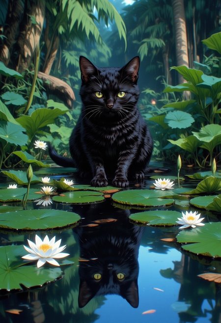 A cute black kitten with bright yellow eyes sits crouched in the water, in the middle of a pond, with a water lily, surrounded by green leaves and water lily flowers. Its reflection is clearly visible in the water, a surreal landscape