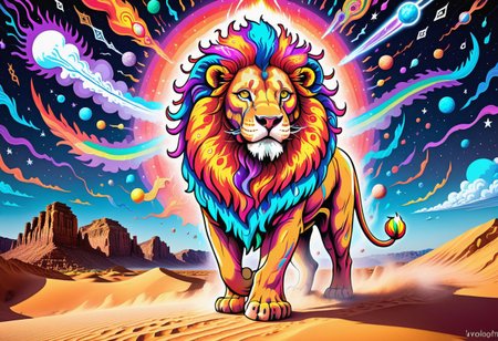 A huge incredible lion is walking along the colorful psychedelic dunes of ((desert)). the lion's mane shimmers with all the colors of the rainbow. it feels like a lion is burning with a multicolored flame. background:  ((black night)) with rare large stars. the inscription on the picture: "Graógramán", addotional tail