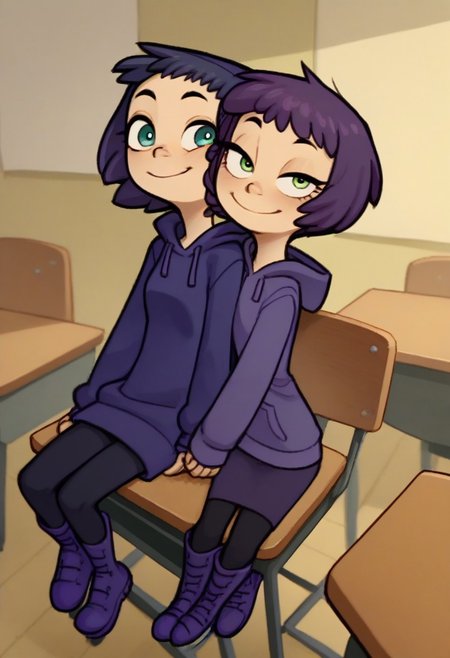 score_9, score_8_up, score_7_up, score_6_up, score_5_up, score_4_up, 2 girls in image, sitting on desks, smiling, looking at viewer, arms around each other, friends, 
BREAK, 
1 girl, square head, green eyes, squinch, round eyes, dark blue hair, dark blue dress sweater, black leggings, small black boots, 
BREAK
1 girl, purple hair, long eyelashes, purple hoodie, purple skirt, purple shoes,