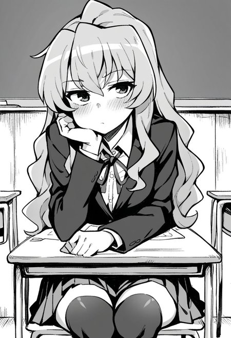 score_9, score_8_up, score_7_up, source_anime, 1girl, solo, taiga aisaka (/toradora/), long hair, short female, collared shirt, blazer, neck ribbon, pleated skirt, black thighhighs, looking at viewer, expressionless, blush, indoors, classroom, desk, sitting, chair, head rest, cowboy shot, manga, monochrome, wagashi style