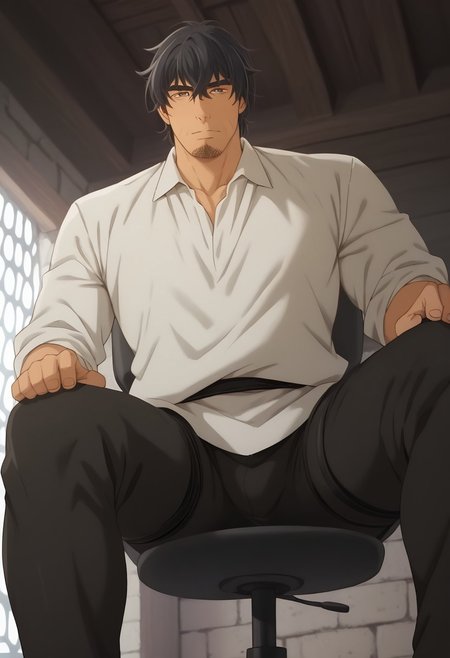 score_9, score_8_up, score_7_up, score_6_up, (perfect anatomy:1.3), perfect proportions, best quality, masterpiece, high-resolution, high quality, solo man, male focus, bara, mature, masculine, manly, handsome, charming, alluring, seductive, sitting on office chair, widely spread legs, (from below, low angle, view between legs), (perfect face, perfect eyes:1.4), LLeoArte, facial hair, medieval white shirt, sleeves rolled up skin-tight black pants