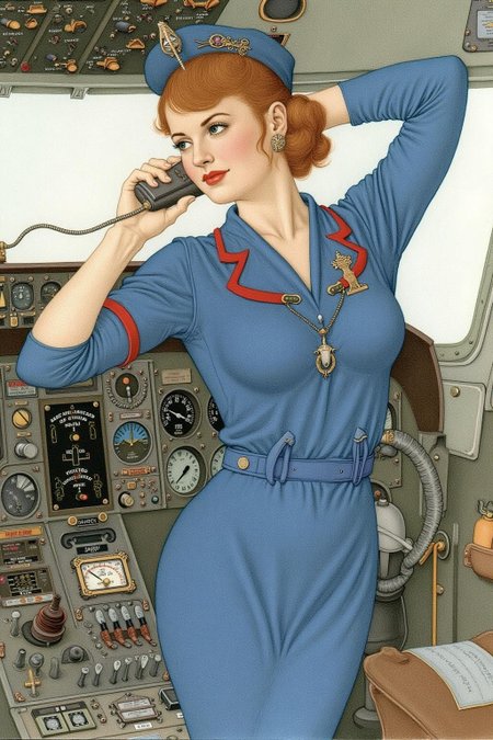 olgadugina1 illustration. 
A woman dressed in a blue vintage stewardess uniform with red accents stands in the cockpit of an aircraft. She leans on the control panel, holding a communication device to her ear. Her arm is raised to keep her steady. The cockpit is filled with various instruments and controls, including dials, gauges, and a steering wheel.  <lora:olgadugina2_cap_d6a3e9:1.0><lora:858118844139465783:0>