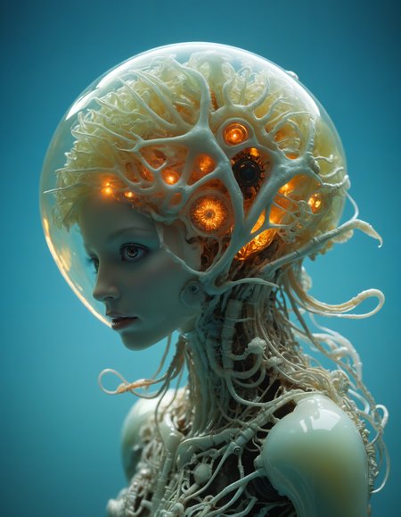 by Abigail Larson and Kathryn Morris Trotter, hyper realistic full view photo of  a (bioengineered creature with glowing bioluminescent patterns, blending organic and technological elements:1.1),  (sad , sparkling , dangerous , adorable , masterful:1.4), bold lines, hyper detailed, award winning, limited color palette, high contrast, depth of field, (intricate details, masterpiece, best quality:1.4)
dramatic cinematic lighting, film grain, looking at viewer, dynamic pose, wide angle panoramic view,
<lora:add-detail-xl:0.5> <lora:xl_more_art-full_v1:0.5> <lora:looking_at_viewer:2>