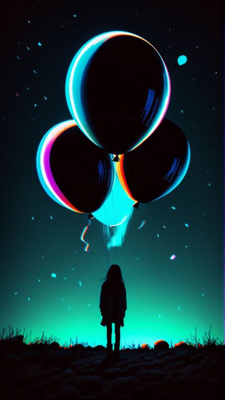 A colony of sentient balloons forms a rebellion against gravity and attempts to float into space to join the stars in the night sky. 
(dark shot:1.2)
(optical effect, glitch art, glowing, layered effects:1.2)
 <lora:xray:2>