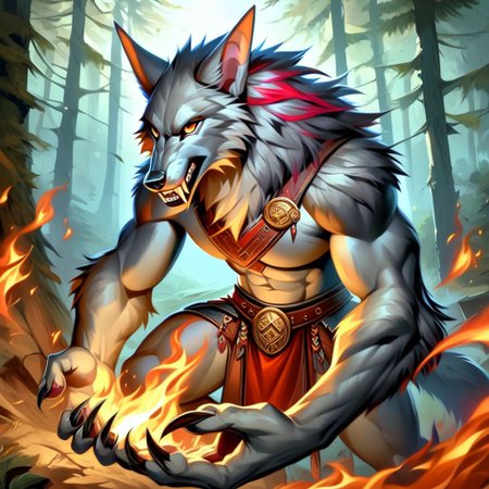 (((solo))), (((male werewolf anthro))), furry, ((gray fur, light gray belly, red highlights)), very tall, neck fur, jackal ears, tall ears, canine muzzle, gold earrings,  Muscular, dad bod, forest, thick hips, long fangs, dark brown eyes, digitigrade legs, shaggy fur, scruffy, sharp teeth, runes on chest, runes on arms, runes on muzzle,
howling, snarling, Loin cloth(brown), leather harnes, (((hands covered in fire))), fire aura, flaming hammer, ears back, 
masterpiece, best quality, intricate counter shaded texture, soft lighting, (((realistic))), 8k, shading, (Detailed: eyes, pupils, lips, fur), detailed fur, body fur, detailed eye, realistic eye, perfect hand, clawed hands, (((perfect claws))), score_8_up, score_9, view from above,