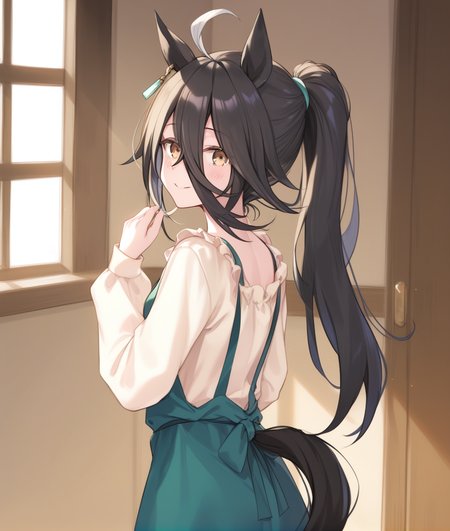 score_9, score_8_up, score_7_up, 2D, anime BREAK
its_on_the_house, 1girl, solo, long hair, looking at viewer, blush, smile, black hair, long sleeves, animal ears, hair between eyes, tail, yellow eyes, ponytail, ahoge, multicolored hair, alternate costume, alternate hairstyle, horse ears, horse girl, casual, horse tail, 
<lora:Manhattan Cafe-ponyXL_locon:0.9>,