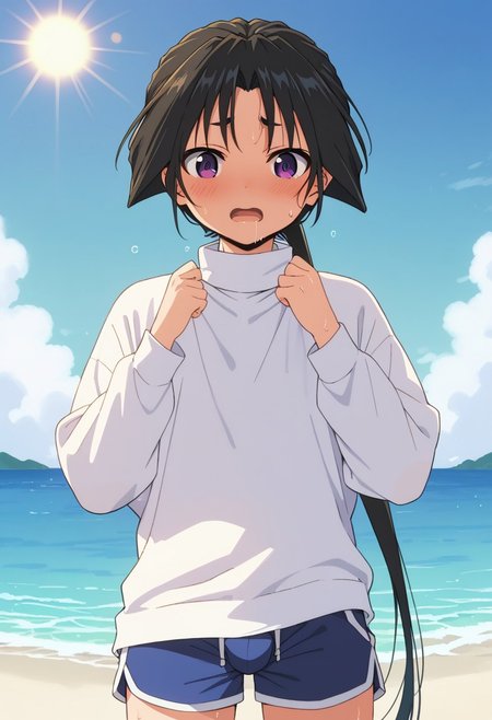score_9,score_8_up,score_7_up,score_6_up, source_anime, BREAK cowboy shot,1boy,solo,male focus,otoko_no_ko,tokiyuki,top,bulge,open_mouth,
embarassed,blush,blue sky,sun,backlighting,ocean,
sweating profusely,
kiss marks on neck and stomach area,
white sweater, 
short white dolphin shorts,
blushing heavily,
drooling,