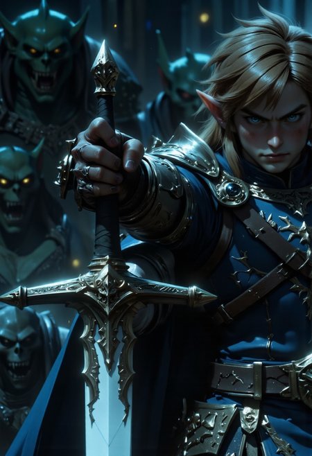 A cinematic close-up of Link, the legendary hero from The Legend of Zelda, standing in a battle-ready stance. His face is determined, his piercing blue eyes locked in focus. The camera lingers on the gleaming silver blade of the Master Sword, its legendary craftsmanship catching the dim light. Slowly, the camera begins to zoom out, revealing the eerie surroundings—dense, swirling fog obscures the battlefield. As the mist parts, grotesque green goblins emerge from the shadows, their menacing eyes glowing faintly in the darkness. They encircle Link, their snarls echoing through the misty air. The tension builds as the hero tightens his grip on the hilt, preparing for the inevitable clash. The scene is dark, moody, and cinematic, with dramatic lighting that highlights Link’s silhouette against the ghostly fog.